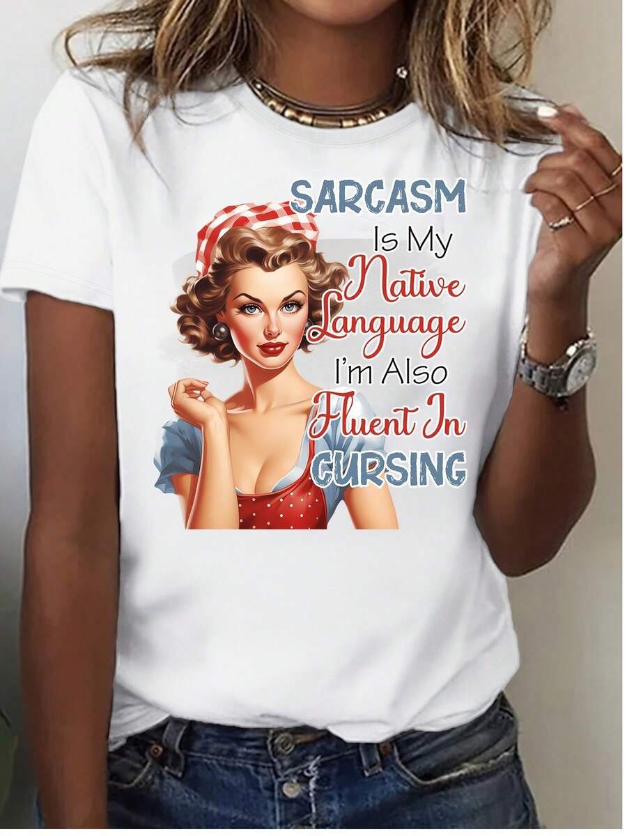 Plus Size [Casual Style] Sarcasm Is My Native Language  Women'S T-Shirt - Soft, Breathable With Vintage Illustration, Casual Crew Neck, Short Sleeve, Perfect For Spring  Summer, Humorous Clothing Vint - White - View 1