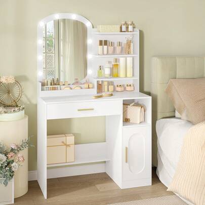 Dressing Table With Oval Mirror, Dressing Table With LED Lights, Adjustable Brightness, Vanity Desk With Drawer, Cabinet And Open Compartments, Modern Bedroom Dresser, White