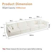 Luxury Modular Sectional Sofa, 146.5" Modern Chenille Comfy Cloud Couches For Living Room Office, 4 Seater Deep Sofa With 2 Armrest Pillows And 4 Toss Pillows,Beige - 米色4座 - 查看 2
