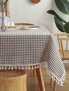 1/24 件日式紧凑型格子桌布，带流苏边，适合家庭、餐桌的长方形桌布 - 白卡色 - 查看 9