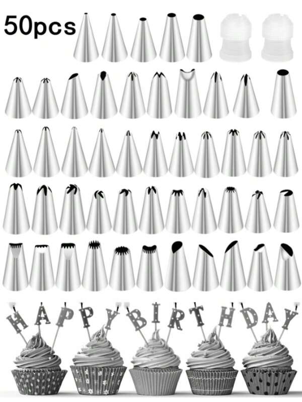 50PCS Piping Bags Cake Decorating Tools Kit Reusable Silicone Pastry Bag Stainless Steel Nozzle Piping Nozzles DIY Baking Tools