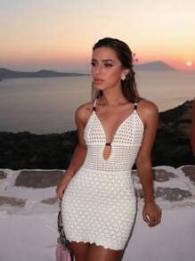 HoloChill Women's Sexy Elegant Knitted Big V Neck Backless Hollow Out Bodycon Vacation Dress For Beach Sundres