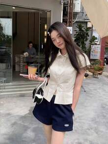 Áo kiểu nữ Hàn Quốc cổ polo tay ngắn trơn, màu trắng mùa hè. - trắng - Xem 2