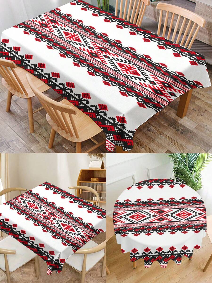 1pc Bohemian Geometric Series Print Tablecloth, Modern Polyester Rectangular/Round Waterproof Tablecloth, Digital Printing Suitable For Living Room, Home, Outdoor Dining Table, Small Round Table