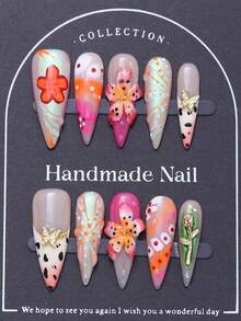 10 件欧美风格长细高跟手绘夏威夷色龟壳豹纹，3D 全息雕刻蝴蝶镶嵌奢华手工指甲贴，Y2K，优雅且适合女性和女孩按压指甲美甲用品指甲