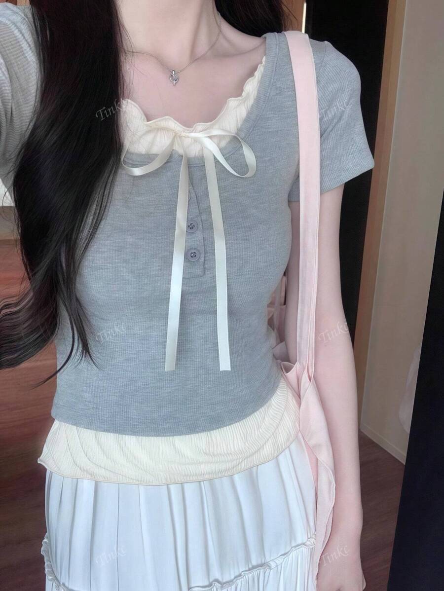 F14 STYLE Summer Tie-Up Color Block Tshirt image