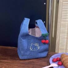 Sanrio Sanrio Hello Kitty Cute Denim Embroidered Kitty Handbag, Hello Kitty Bag ,A Stroll Bag, Portable And Spacious For Carrying Out, A Lunch Bag For Work.,Handy New Hello Kitty Lunch Box Bag Cartoon Cute Handbag Large Capacity Tote Storage Bag,Travel Essentials