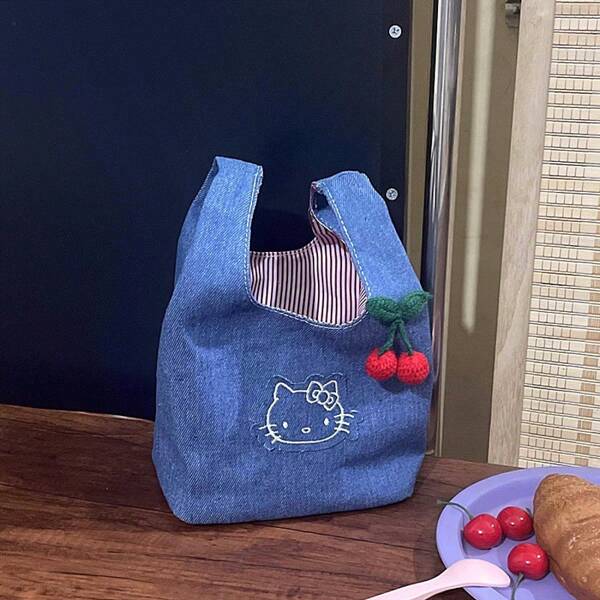 Sanrio Hello Kitty Cute Denim Embroidered Kitty Handbag, Hello Kitty Bag ,A Stroll Bag, Portable And Spacious For Carrying Out, A Lunch Bag For Work.,Handy New Hello Kitty Lunch Box Bag Cartoon Cute Handbag Large Capacity Tote Storage Bag,Travel Essentials
