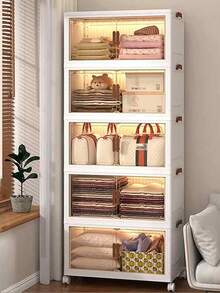 45cm/5layers  Extra Large Storage Cabinet, Multi-Tier Foldable Storage Box With Doors, Stackable Storage Containers For Shoes Sundries Books Clothes, Household Storage Organizer For Closet, Wardrobe, Bedroom, Bathroom, Office, Kitchen - 白色 - 查看 5