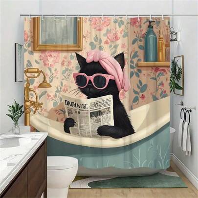 1 Pc Cute Cat Shower Curtain,Durable Polyester Fabric, Waterproof, Punch-Free And Easy To Install, Suitable For Home, Hotel, Vacation, Gift,Bathroom Curtains Shower Set With 12 Hooks,Fun Cartoon Animals Raining Colorful Funny Cute Pets Playing Water Art,Room Decor,Bathroom Decor