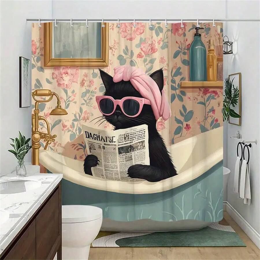 1 Pc Cute Cat Shower Curtain,Durable Polyester Fabric, Waterproof, Punch-Free And Easy To Install, Suitable For Home, Hotel, Vacation, Gift,Bathroom Curtains Shower Set With 12 Hooks,Fun Cartoon Animals Raining Colorful Funny Cute Pets Playing Water Art,Room Decor,Bathroom Decor