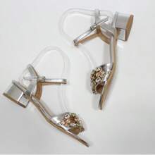 Fashionable Shallow Gold Rhinestone Chunky Low Heel Sandals For Women For Spring And Summer - Silver - View 4