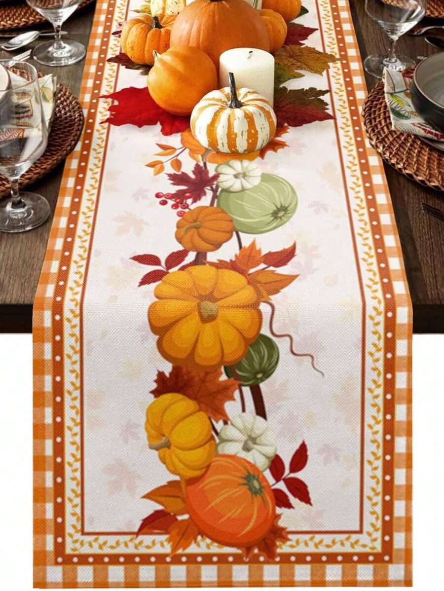 1 Stück Orange Kürbis bedruckter Tischläufer, Leinen Ahorn Blatt karierten Schal für Waschtisch, Küche, Esszimmertisch Dekoration, Ernte Thanksgiving Feiertag Party, Kaffee