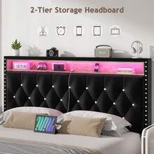 LED Bed Frame With Storage Shelf Headboard, Velvet Upholstered Bed Frame With Charging Station, Modern Bed Frame With Diamond Tufted Headboard, No Box Spring Needed, White/ Black, Full/ Queen/ King  (USB LED Strip) - màu đen - Xem 3