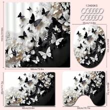 1/2/3/4 Stücke 3D Schwarz & Weiß Schmetterling Blumen Thema Badezimmer Duschvorhang Sets, 12 Haken, Badematte, U-förmiger Toilettendeckel, wasserdichter Duschvorhang, Badezimmerdekoration, moderner Fenstervorhang, ohne Bohren, Polyester, maschinenwaschbar, Herbstdekoration Badezimmer Accessoires Rückkehr zur Schule