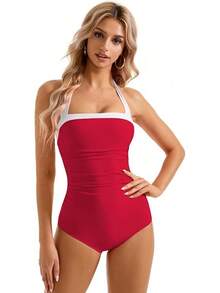 Women Sexy Tummy Control One Piece Swimsuit Halter Retro Bathing Suit - 68 Red White - View 2