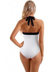 Women Sexy Tummy Control One Piece Swimsuit Halter Retro Bathing Suit - 68 White Black - View 3