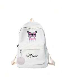 Customizable Name Or Holiday Greeting Fitness Backpack For Back To School Season. New Arrival, Casual And Versatile, Cute Butterfly Print, Nylon Zipper Material. You Can Customize Name, Letter, Lucky Number, Etc. Can Be Given As A Birthday Gift To A Friend's Daughter, Also As A Commemorative Bag, Gift, Anniversary Present. - Pink Butterfly + White Fur Ball Pendant - View 14