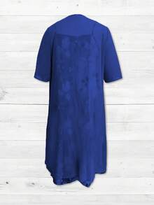 春夏加大码女士优雅印花无袖V领连衣裙搭配七分袖薄纱开衫两件套，完美适用于浪漫婚礼、新年装扮、休闲外出、咖啡约会等场合。 - 寶藍色 - 查看 3