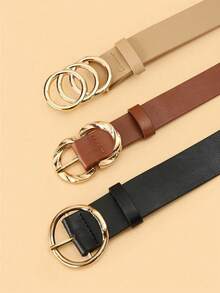 3 Stücke/Set Minimalistische vielseitige Gürtel für Damen, geeignet für Kleider, klassisches Design mit dreifacher, doppelter oder einzelner Metallschnalle, einfarbiger eleganter Taillengürtel, Alltagsaccessoire für Herbst und Halloween - Verschiedenfarbig - Übersicht 4