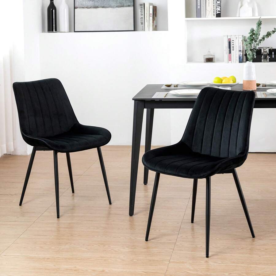 Dyhome Black Dining Chairs Set Of 2,  Mid Century Modern Dining Chairs  Ergonomic Backrest Upholstered Dining Chairs Velvet Dining Chairs With Metal Legs For Kitchen Living Room Bedroom, Home Atmosphere Decoration. - 黑色 - 查看 1