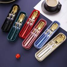 Set di posate in acciaio inossidabile da 3 pezzi con mestolo per zuppa, forchetta e bacchette, manico rinforzato, posate pratiche per studenti e uso all'aperto, per attività all'aperto, picnic o campeggio, set di posate portatile, regalo natalizio per la cucina, regalo per la festa del papà, completo di stoviglie, accessori per la cucina, natale, regali personalizzati