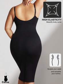 1pc Plus Size Women Shapewear Jumpsuit Dress, Waist Slimming, Seamless Black, Tightens Bust, Abdomen And Waist, Plus Size Shaping Dress, Full Body Nightgown - Black - View 6