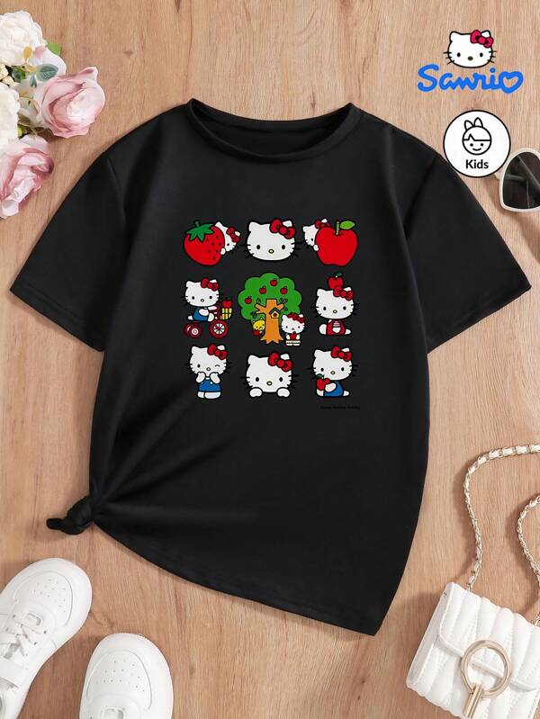 Sanrio Summer Girls' New Sweet And Elegant Pajamas, Authorized By Sanrio For Hello Kitty Printed Short Sleeved Round Neck Top, With Soft And Comfortable Fabric That Can Be Worn Outside, Suitable For Home Sleepwear Parties, The Perfect Gift For Children And Friends