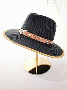 男女通用春夏草编巴拿马草帽，带皮带装饰的牛仔帽，时尚软呢帽，防晒，适合户外休闲、旅行、海滩、徒步旅行、日常搭配