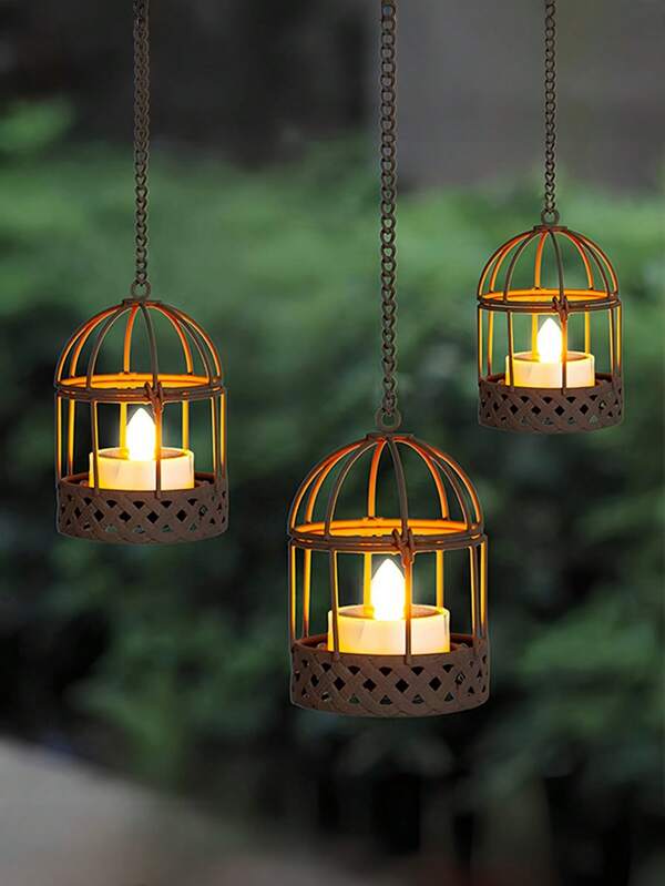 1/2pcs Solar Powered Hanging Lanterns, Waterproof Rust Bird Cage Candle Holder With Flickering Solar Powered Tea Lights, Rechargeable Lanterns For Backyard, Wedding, Patio, Garden, Fence, Tree Decor Lighting