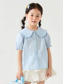 mini bala Girls' Summer Blouse – Lightweight Breathable Sweet Shirt, Cute Short Sleeve Top - Ice Blue - View 1