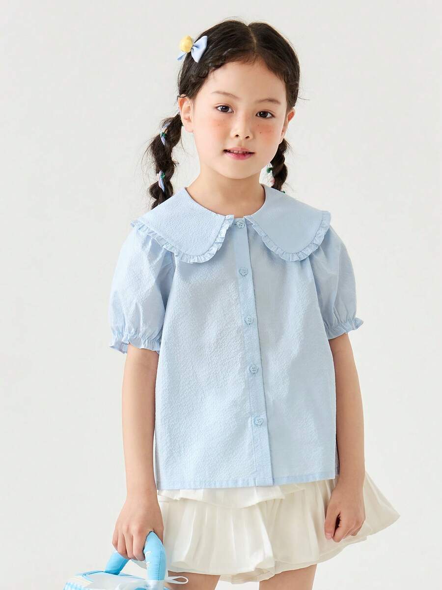 mini bala Girls' Summer Blouse – Lightweight Breathable Sweet Shirt, Cute Short Sleeve Top - Ice Blue - View 1
