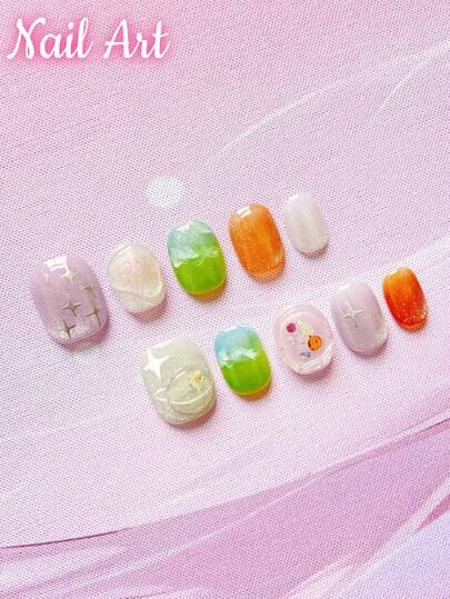 10 件手工制作的按压指甲、假指甲、夏季指甲、美容美甲、按压短指甲、猫眼指甲，适合女性和女孩日常或假日佩戴，高端品质。