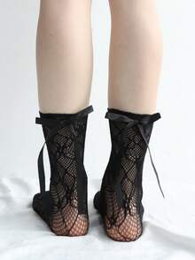 2双装女婴可爱蕾丝蝴蝶结装饰提花网眼短袜，适合夏季女童