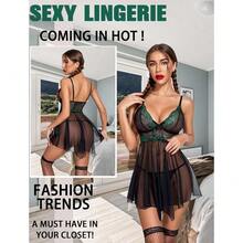 Women Lingerie Lace Babydoll Mesh Nightgown Chemise Boudoir Nighty Sleepwear - 黑色和綠色 - 查看 5