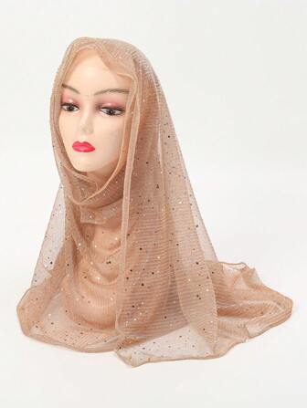 1 件闪亮亮片装饰轻质围巾，纯色，女士头巾时尚配饰