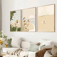 3 套无框波西米亚风冲浪女孩夏季海岸墙艺术海报帆布印刷抽象小人物海滩海景画适用于宿舍、客厅、卧室、现代家居装饰 - 彩色 - 查看 1