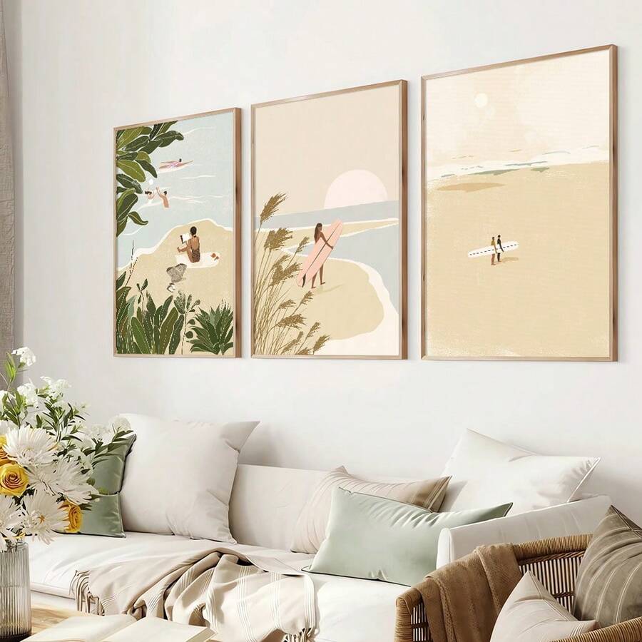 3 套无框波西米亚风冲浪女孩夏季海岸墙艺术海报帆布印刷抽象小人物海滩海景画适用于宿舍、客厅、卧室、现代家居装饰 - 彩色 - 查看 1