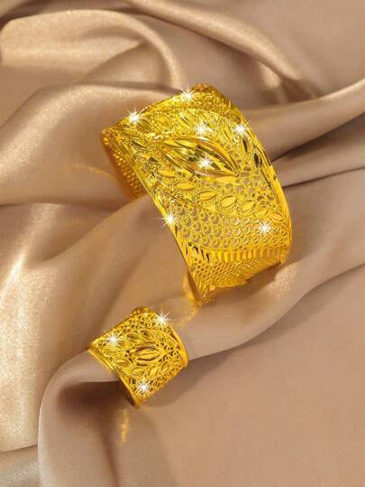 Set de 2 piezas Pulsera y anillo chapados en oro con cobre, adecuado como regalo de joyería para mujeres en Arabia Saudita, Filipinas, Francia para festivales