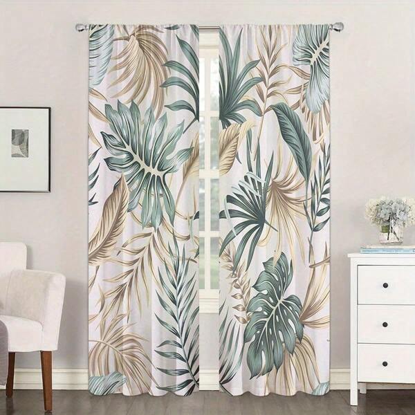 2 Stücke Tropische Palme Blumen Muster Verdunklungsgardinen - Moderne & strapazierfähige Heimdekoration, geeignet für Wohnzimmer, Schlafzimmer, Arbeitszimmer und Esszimmer, beige/grünes Blatt Muster, Kaschenhalterung, Polyester, maschinenwaschbar, Wohnzimmergardinen