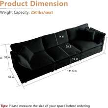 Luxury Modular Sectional Sofa, 111.5" Modern Chenille Comfy Cloud Couches For Living Room Office, 3 Seater Deep Sofa With 2 Armrest Pillows And 3 Toss Pillows,Black - Black 3 seat - 查看 2