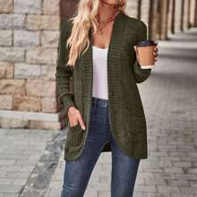 Ladies Cardigan Sweater Open Front Cardigans Long Sleeve Knitted Sweaters Women Loose Solid Color - màu xanh lá - Xem 3