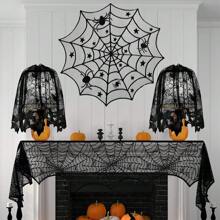 1pc European And American Style Black Lace Combination, Halloween Table Flag Halloween Spider Web Tablecloth, Ghost Festival Decoration Cloth, Holiday Table Decoration Cloth, Halloween Round Placemat Black Lace Placemat Halloween Placemat Table Decoration Napkin Cloth