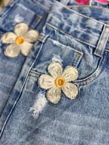 Women's MOM Jean Shorts With Embroidered Flower Detail, High Waist And Marbled Wash | No Elastane - 大理石紋 - 查看 5