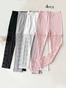 4/2/1 Pairs Lace Trim Capri Leggings For Girls, Children, Infants, Black/White/Gray/Pink, Color Block, Multicolor, Spring/Summer/All Season, Thin, Casual, Cute & Fashionable, Princess Style, Suitable For Daily Wear, Soft & Comfortable Tights, Suitable For Students To Pair With Tops, Skirts, Back To School Season - Multicolor - View 27