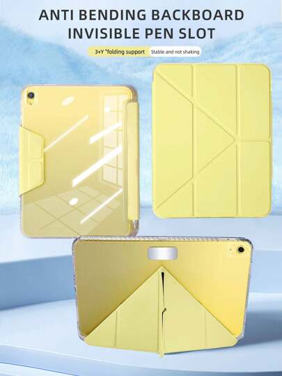 1pc Acrylic Y-Fold Flat Tablet Case, Lemon Yellow, Magnetic Snap Closure, Multi-Angle Stand, Pen Slot, Transparent Acrylic Back Shell Anti-Bend Anti-Scratch, Sleep/Wake, Casual/Minimalist Design, Compatible With IPad Mini6/Mini7/9.7/10.2/10.5/Air4/Air5/10th/10.9/Pro11/Air11(M2)/Air13(M2)/Pro11(M4)/Pro13(M4) 2024 12.9inch, Slight Color Difference Due To Lighting