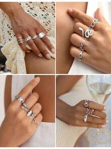 Milacolato 16Pcs Stainless Steel Rings For Women Chunky Silver Rings Non Tarnish Stackable Ring Open Adjustable Thumb Finger Statement Rings Set - 銀色 - 查看 5