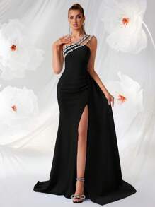 ADYCE Robe longue à fente ouverte avec dos nu, taille haute et décoration de strass, pour le bal de promo, les soirées, les cérémonies, les invités de mariage