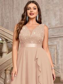 Plus Deep V-Neck Sequin Lace Contrast Ruffle Hem Chiffon Formal Evening Party Swing Dress - Champagne - View 11