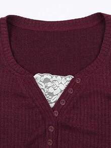 Christmas Lace Crop Button Up Shirts For Women Paneled Button Long Sleeve Knit Top Lightweight Slim Basic Knit Tunic Top Blouse  Plain    Casual    Rib-Knit  Button  Contrast Lace    Daily - Màu Đỏ Sâu - Xem 5
